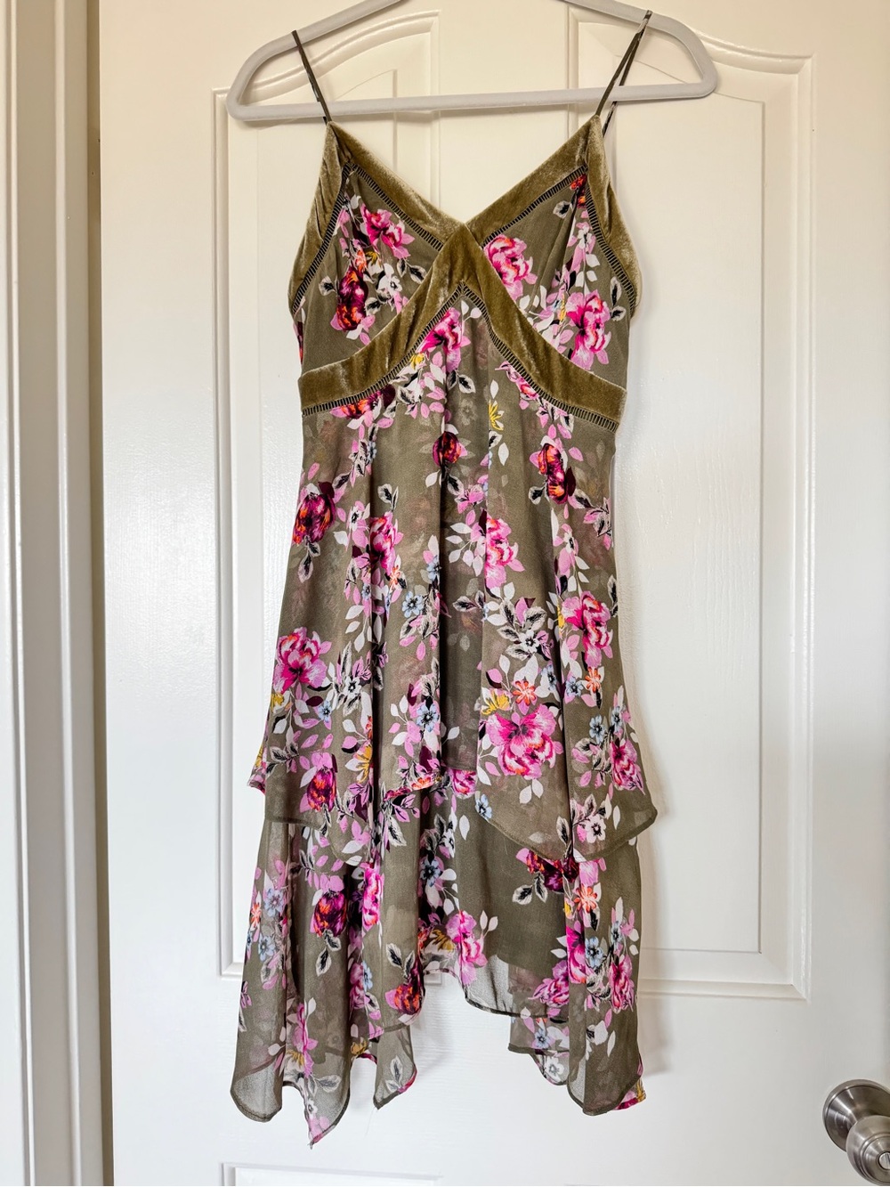 WHBM 2P Olive Floral Velvet Trim Asymmetrical Midi Dress